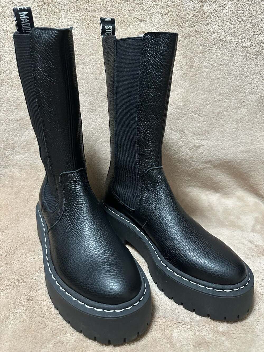 NWT - Steve Madden Vivianne Black Leather Mid-Calf Lug Sole Boots, Size 6.5
